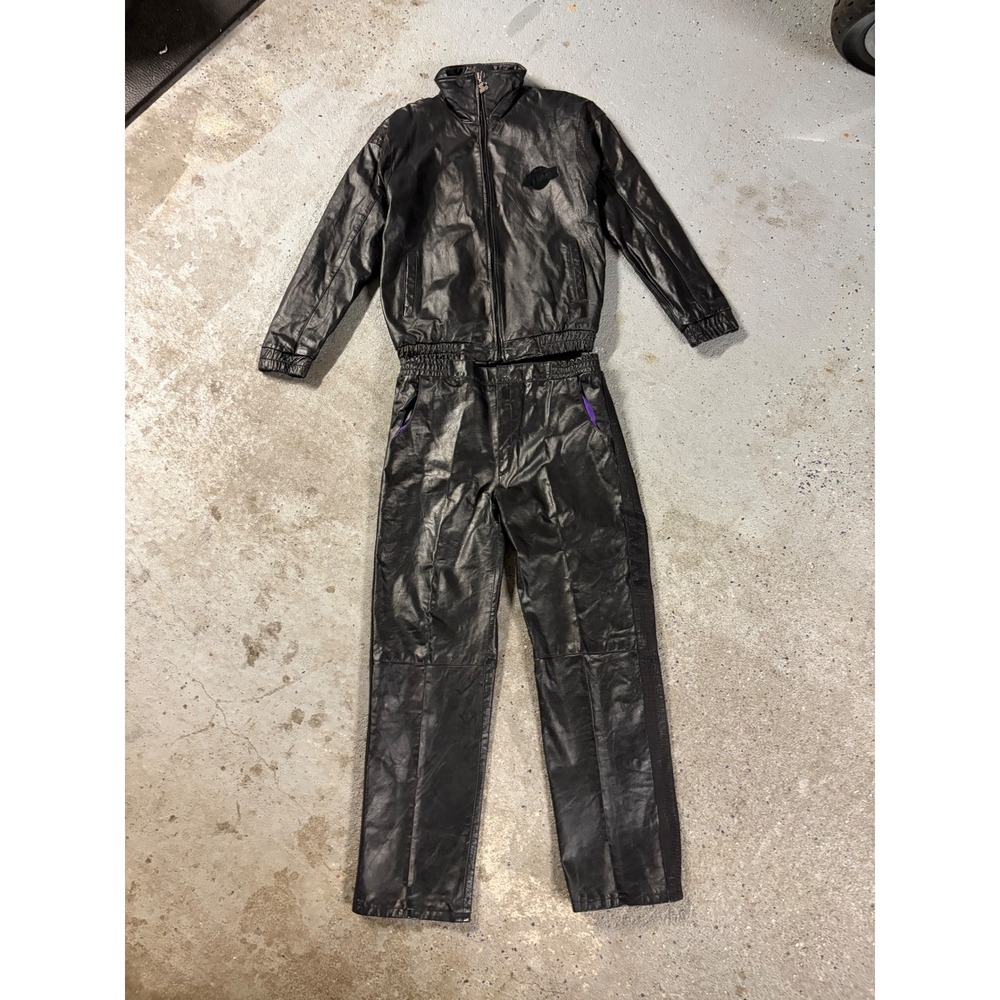 Vintage Starter Los Angeles Lakers Black Leather Tracksuit Jacket Pants Set M